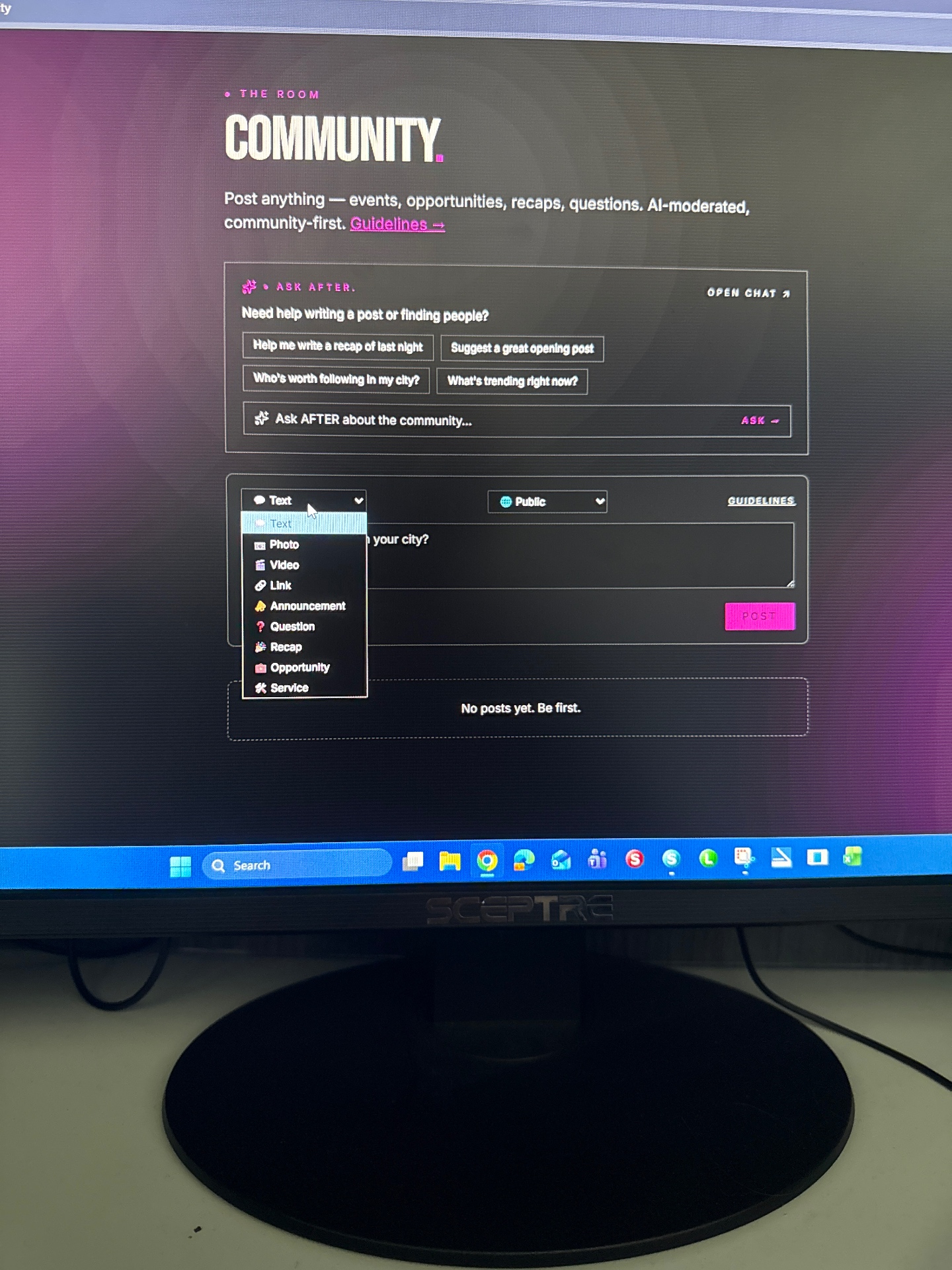 Thrown After community posting interface shown on a desktop monitor
