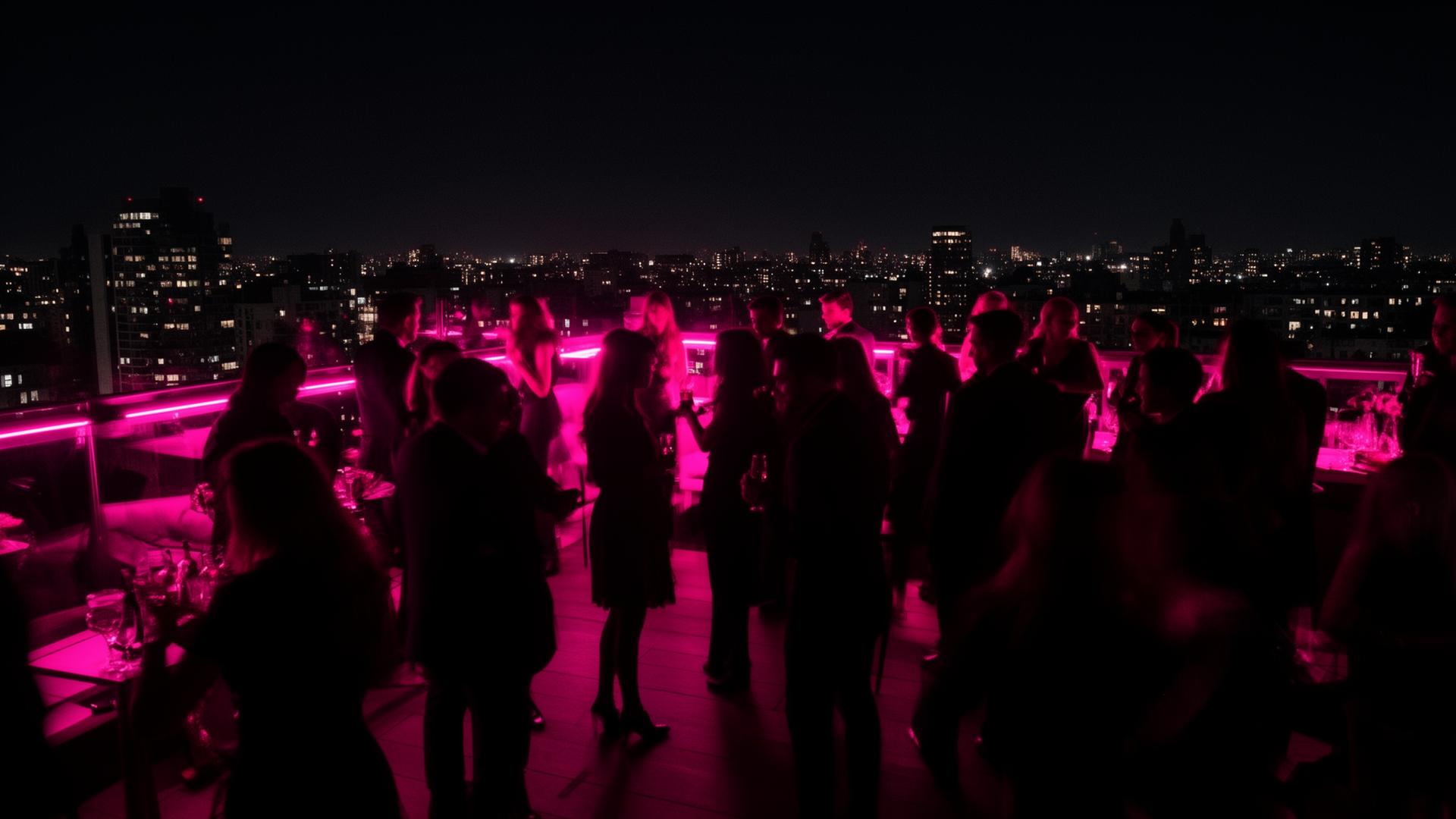 Rooftop crowd lit in hot pink neon